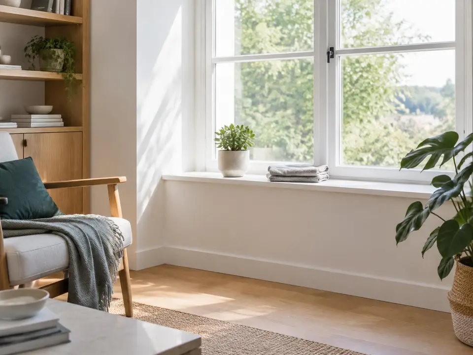 A calm windowsill with a potted plant in daylight