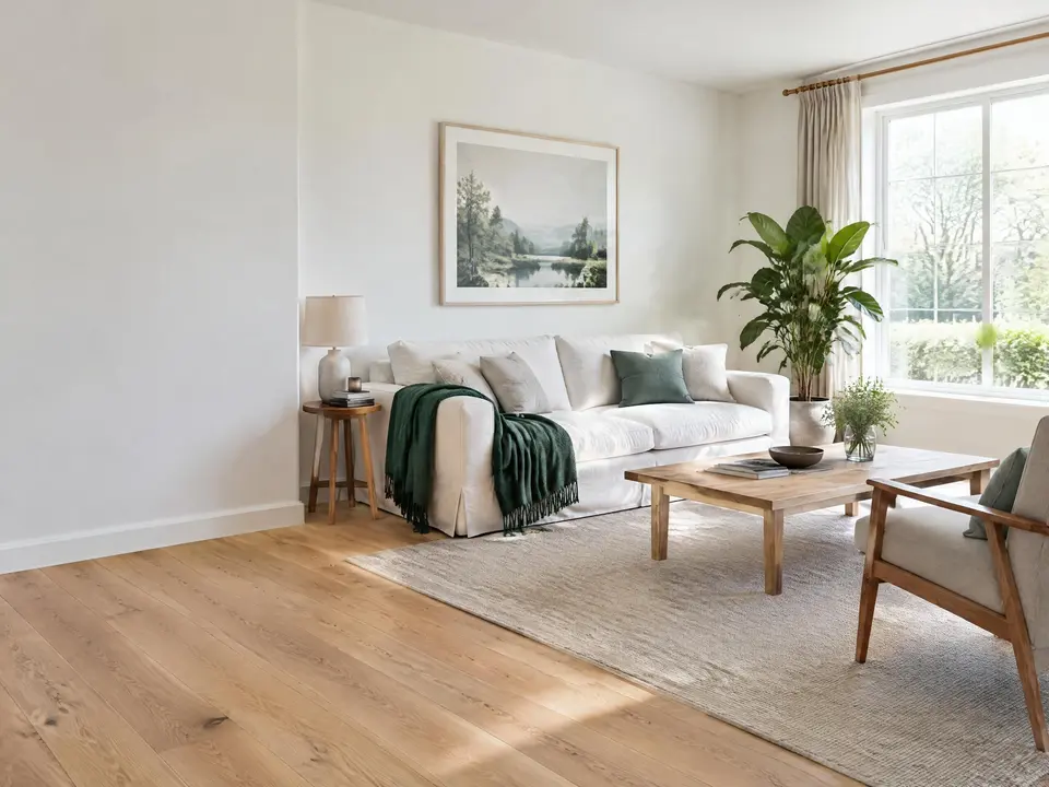 A freshly cleaned, sunlit living room with a sofa and a green plant