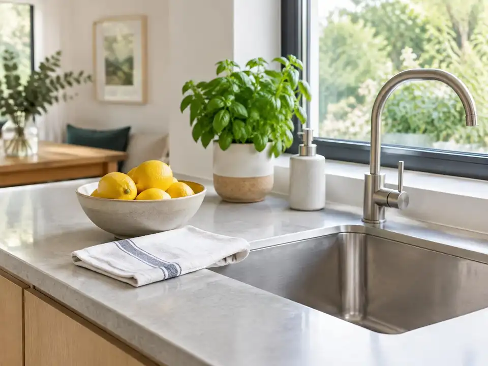 A spotless kitchen worktop and sink with a bowl of lemons