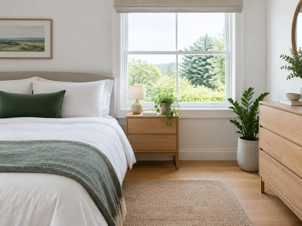 A neatly made bed in a clean, bright bedroom