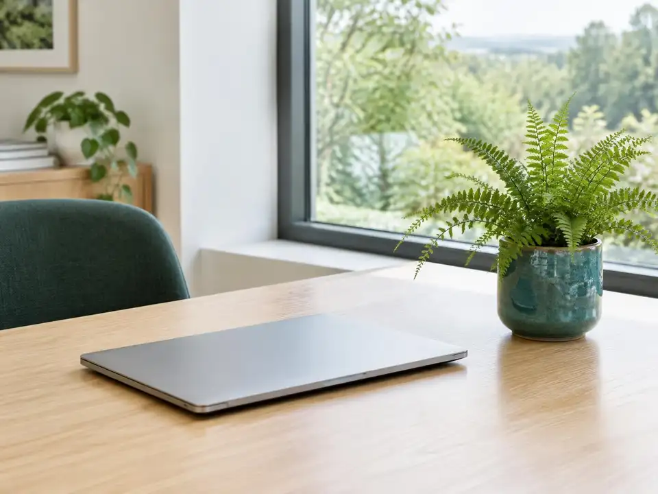 A clean, clear office desk beside a window