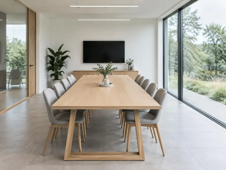 A clean, empty office meeting room with a long table